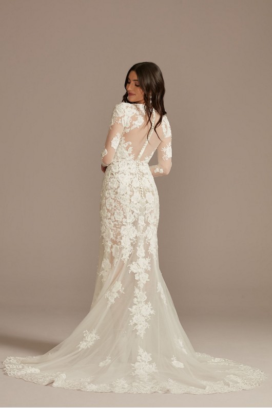 Long Sleeve Sequin Floral Bodysuit Wedding Dress  SLMBSWG843