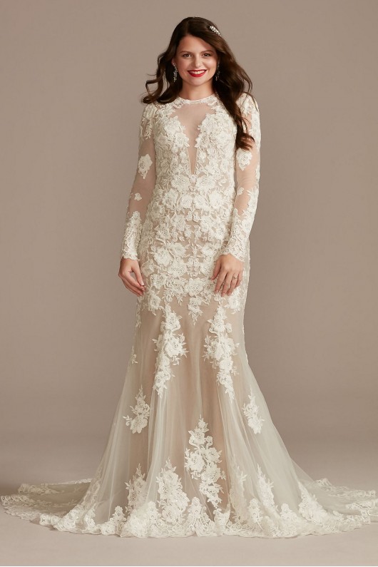 Long Sleeve Sequin Floral Petite Wedding Dress  7SLSWG843