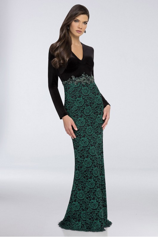 Long Sleeve Velvet Sheath Dress with Floral Skirt Terani Couture 1722E4190W