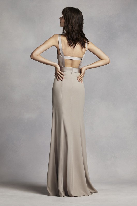 Long V Neck Crepe Gown with Open Back VW360195