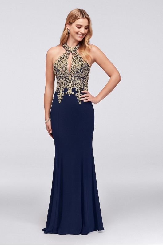 Metallic Lace and Jersey Round Neck Halter Gown Xscape XS9331
