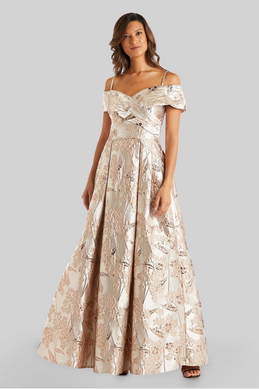 Metallic Off-the-Shoulder Portrait Ball Gown Morgan and Co 21933