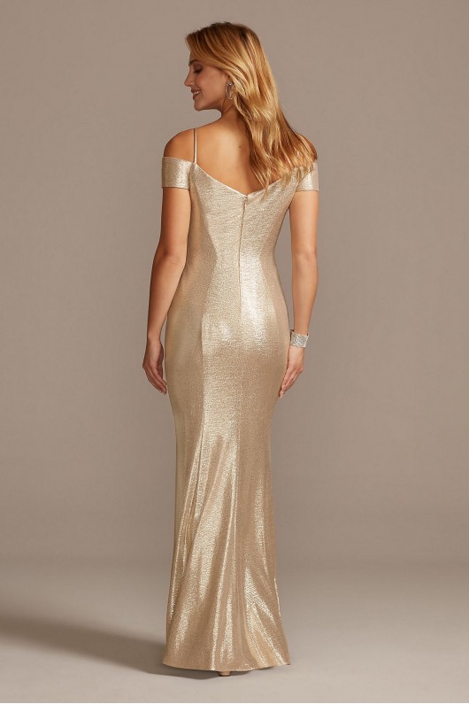 Metallic Off-the-Shoulder Seamed Gown with Slit Morgan and Co 21761