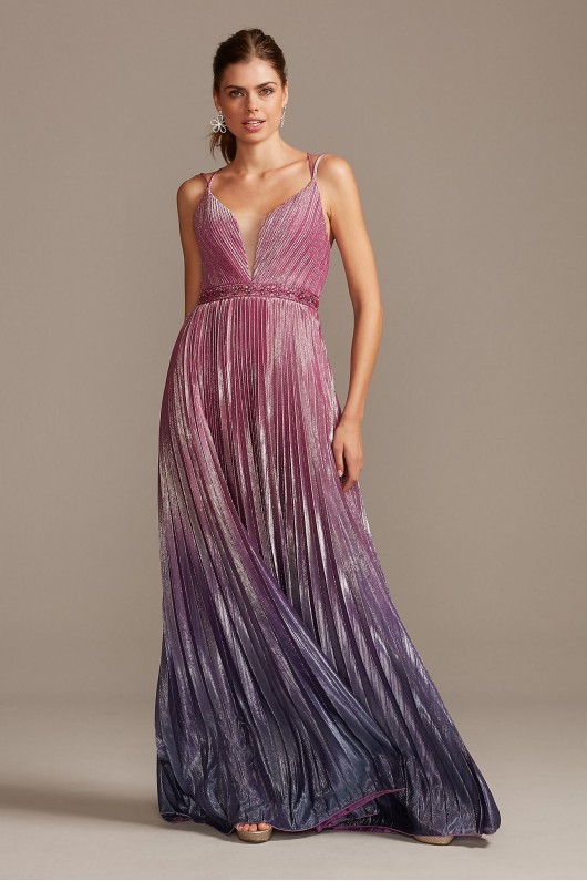 Metallic Pleated Ombre Gown with Plunge Illusion Night Studio S20224