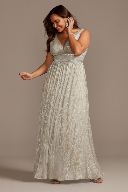 Metallic Plunge Plus Size Gown with Crystal Bands Morgan and Co 12806W