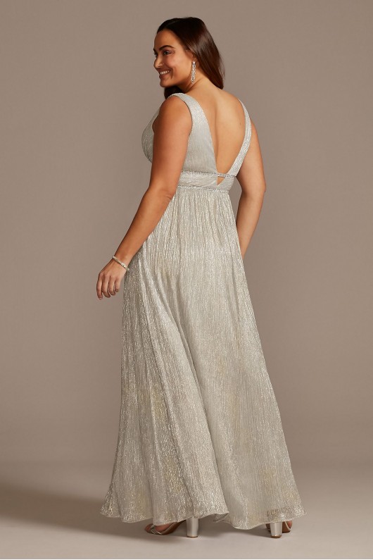 Metallic Plunge Plus Size Gown with Crystal Bands Morgan and Co 12806W