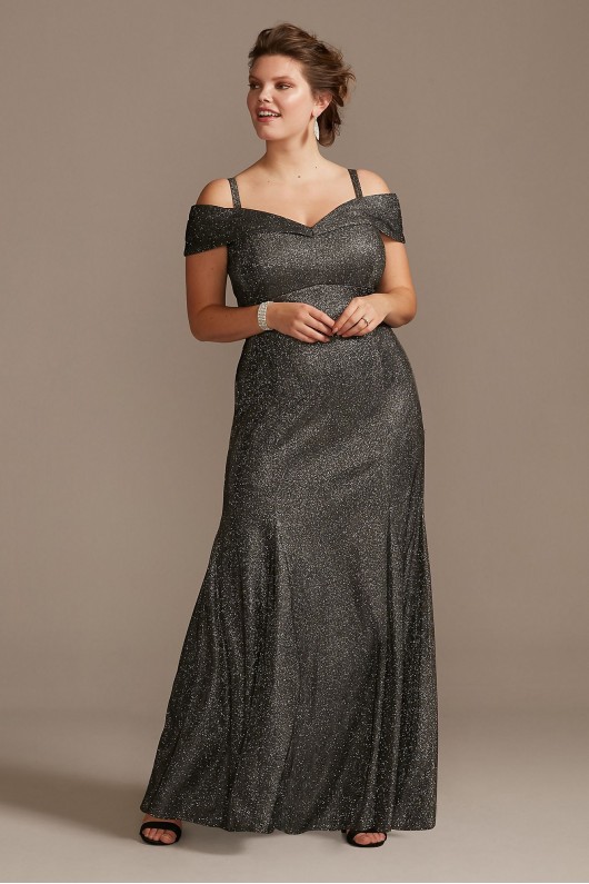 Off Shoulder Metallic Plus Size Gown with Godets  5759W