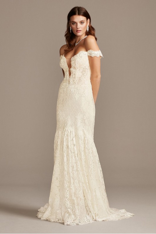Off Shoulder Plunging Petite Lace Wedding Dress  7SWG855