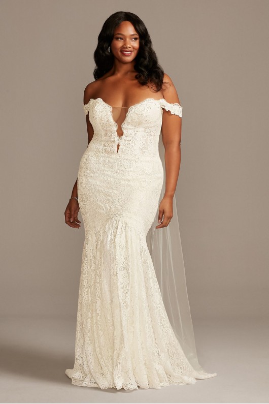 Off Shoulder Plunging Tall Plus Lace Wedding Dress  4XL9SWG855