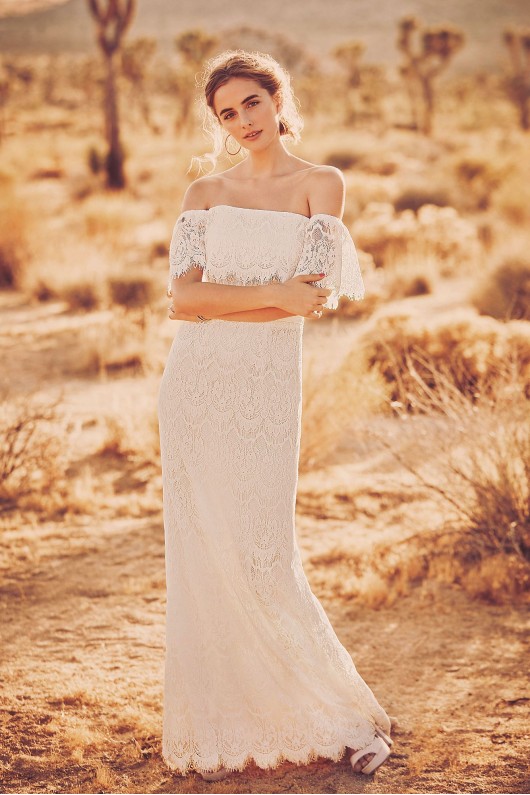 Off-The-Shoulder Eyelash Lace Sheath Wedding Dress Galina WG3892