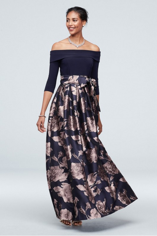 Off The Shoulder Gown with Jacquard Floral Skirt Jessica Howard JHDM6192