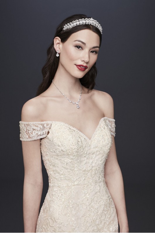 Off-the-Shoulder Beaded Lace Mermaid Wedding Dress  CWG808