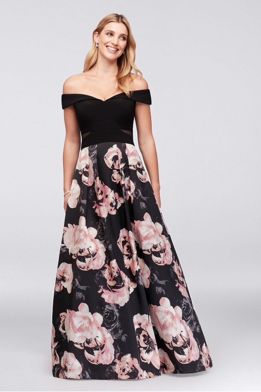 Off-the-Shoulder Floral Jersey and Satin Ball Gown Xscape 1173X