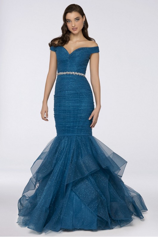 Off-the-Shoulder Glitter Tulle Mermaid Dress Terani Couture 1911P8366