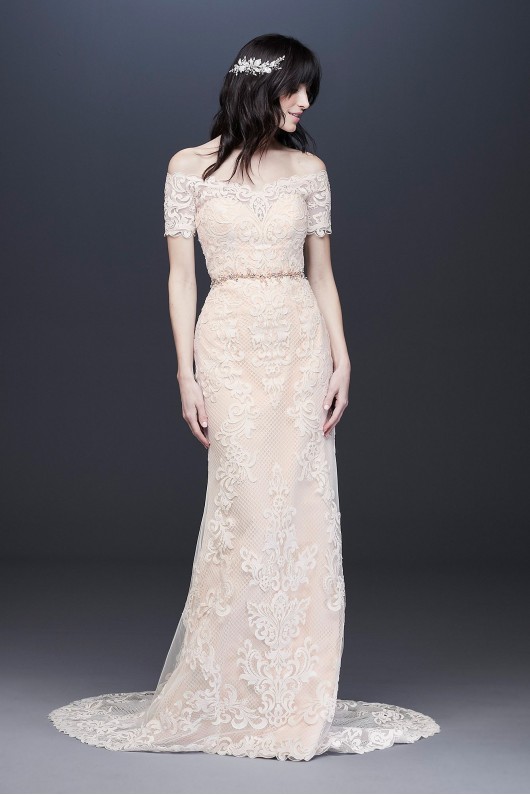 Off the Shoulder Lace Sheath Wedding Dress Galina V3958