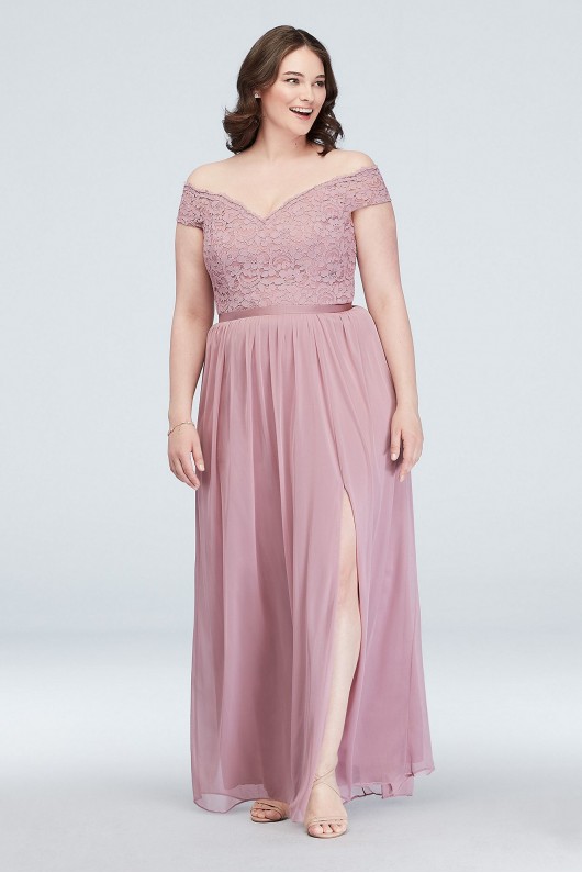 Off-the-Shoulder Lace and Mesh Bridesmaid Dress  F19950