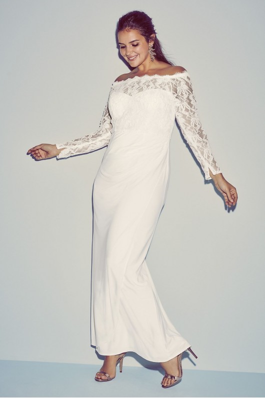 Off-the-Shoulder Long Sleeve Lace Draped Gown DB Studio 184213DB
