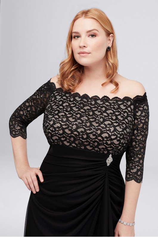 Off-the-Shoulder Plus Size Dress with Cascade Betsy and Adam A21009W