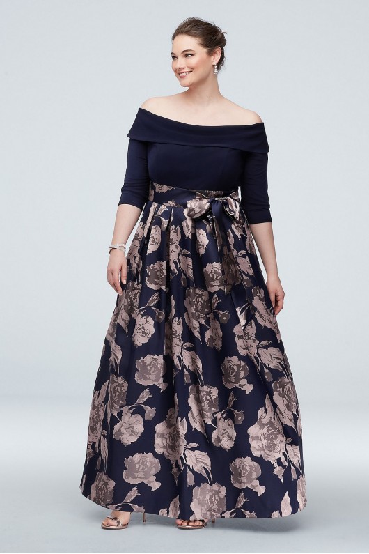 Off the Shoulder Plus Size Gown with Floral Skirt Jessica Howard JHDW6192