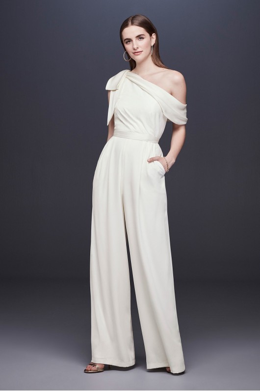 One-Shoulder Crepe Wedding Jumpsuit with Bow DB Studio DS870059