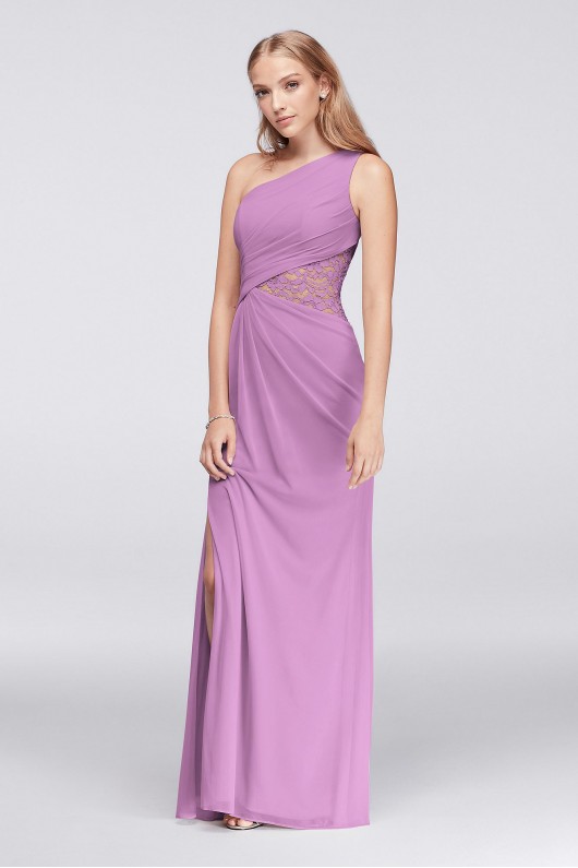 One-Shoulder Mesh Bridesmaid Dress with Lace Inset  F19419