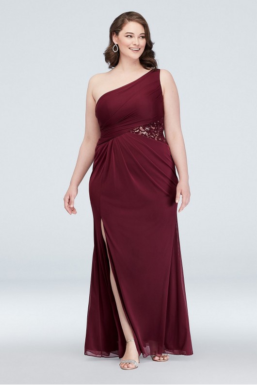 One-Shoulder Mesh Bridesmaid Dress with Lace Inset  F19419