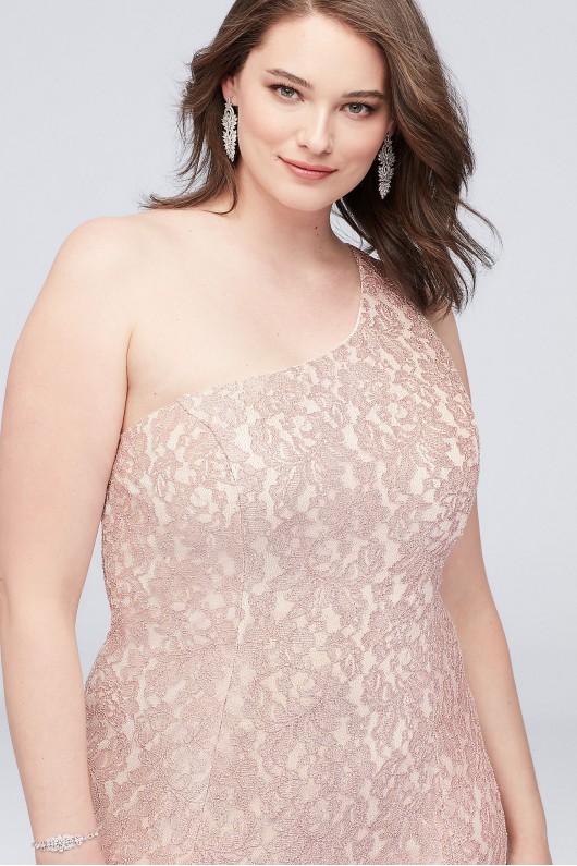 One-Shoulder Plus Size Glitter Lace Mermaid Gown Morgan and Co 21830W