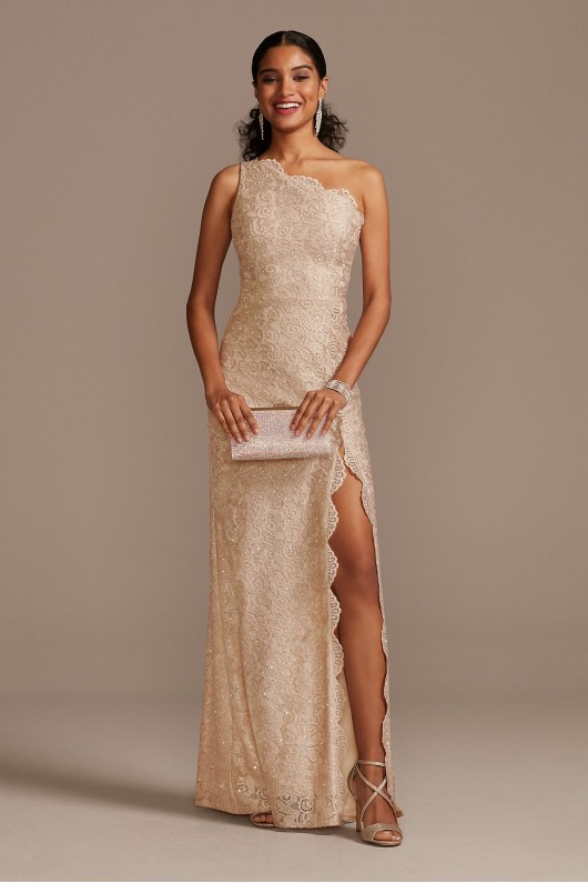 One Shoulder Scalloped Edge Lace Gown with Slit Teeze Me L577895