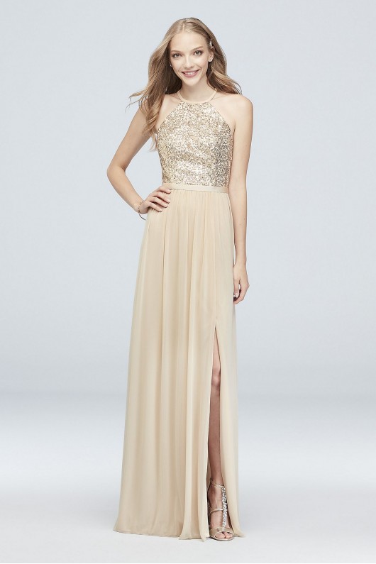 Open-Back Sequin and Mesh Bridesmaid Dress  F19608S