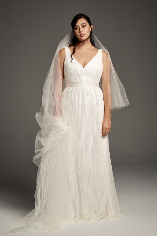 Pleated Tulle Flutter-Back Plus Size Wedding Dress 8VW351448