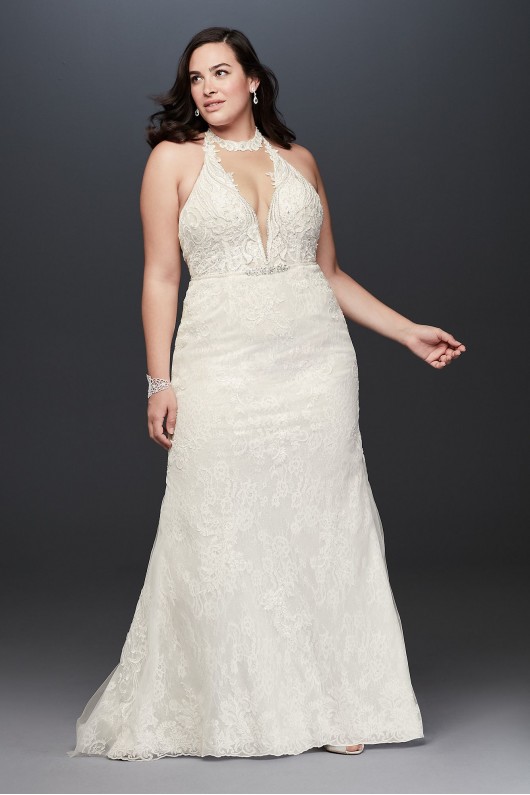 Plunge Neckline Halter Plus Size Wedding Dress  9SWG825
