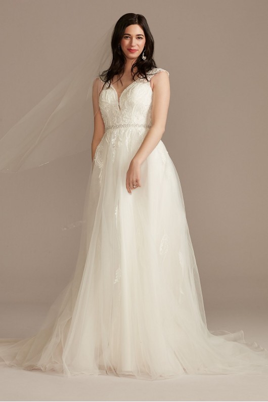 Plunging Cap Sleeve Open Back Tulle Wedding Dress  CWG901