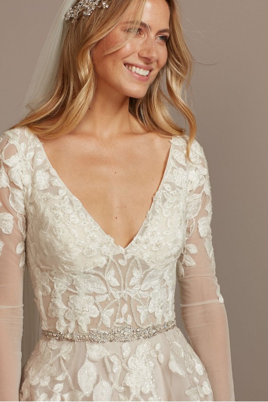 Plunging Illusion Sleeve Plus Size Wedding Dress  4XLSWG820