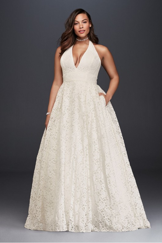 Plunging Lace Halter Plus Size Wedding Dress Galina 9WG3844