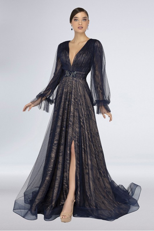 Plunging Lace Long Sleeve Gown with Point dEsprit Terani Couture 1913M9414