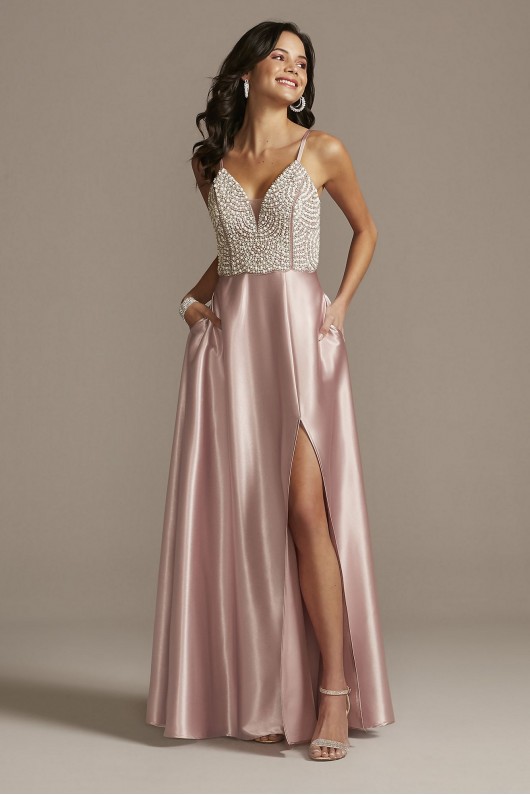 Plunging-V Beaded Bodice Satin Gown with Slit Speechless X44451DQ96