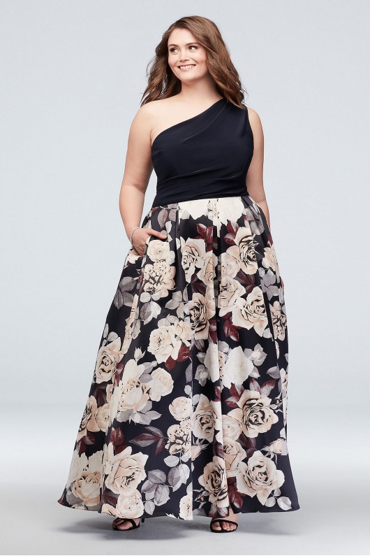 Printed Satin One-Shoulder Plus-Size Ball Gown Betsy and Adam A21528W