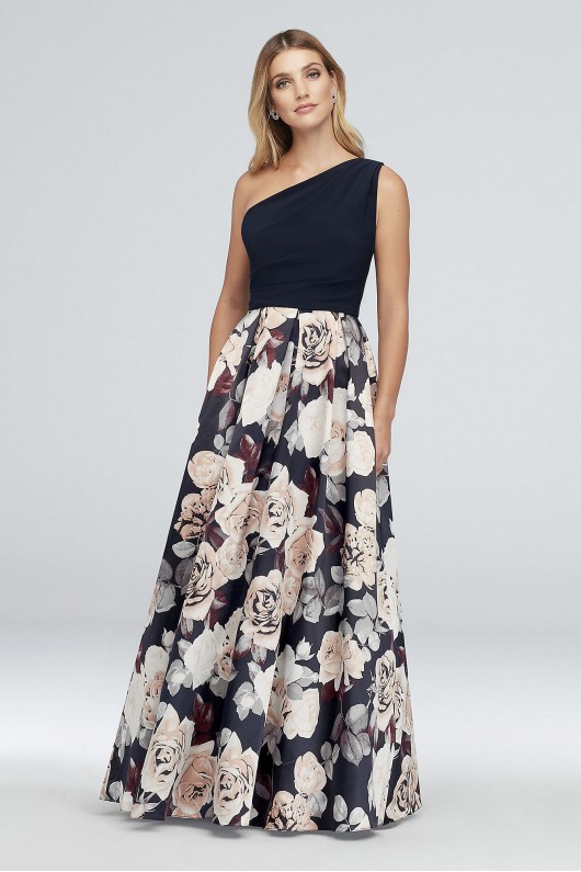 Printed Satin and Jersey One-Shoulder Ball Gown Betsy and Adam A21528