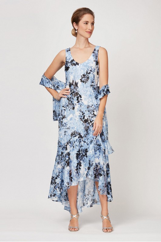 Printed V-Back High-Low Tulip Dress and Shawl Alex Evenings 8175838