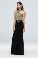 Round Neck Metallic Lace and Velvet Halter Gown Xscape XS10096