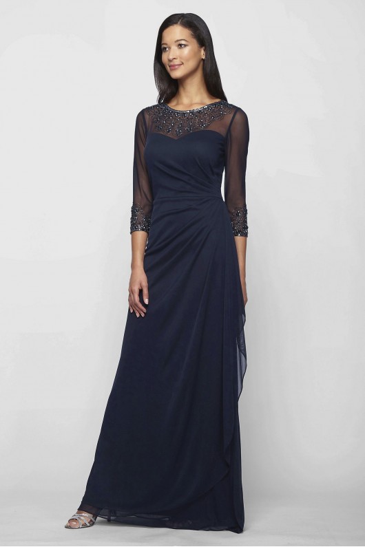 Ruched Illusion Mesh Sheath Gown with Jeweled Neck Alex Evenings 132833