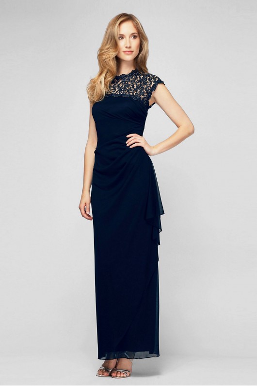 Ruched Mesh Cap Sleeve Sheath with Cutout Back Alex Evenings 112388