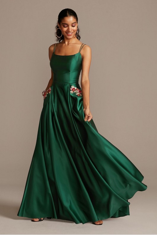 Satin Double Strap Gown with Floral Pockets Blondie Nites 2129BN