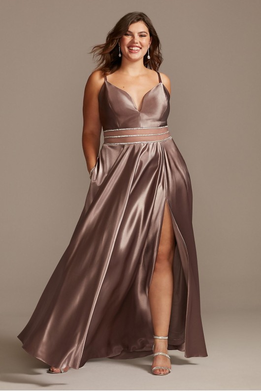 Satin Plunge Plus Size Gown with Illusion and Slit Speechless W43391Q96