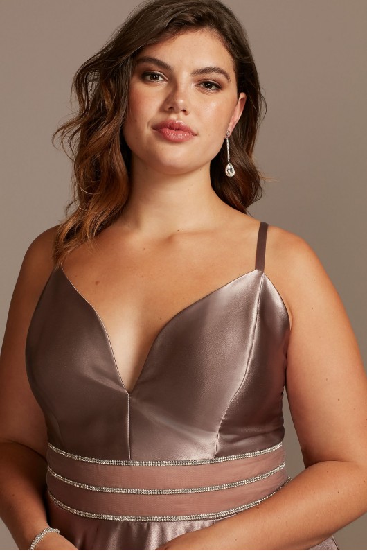 Satin Plunge Plus Size Gown with Illusion and Slit Speechless W43391Q96