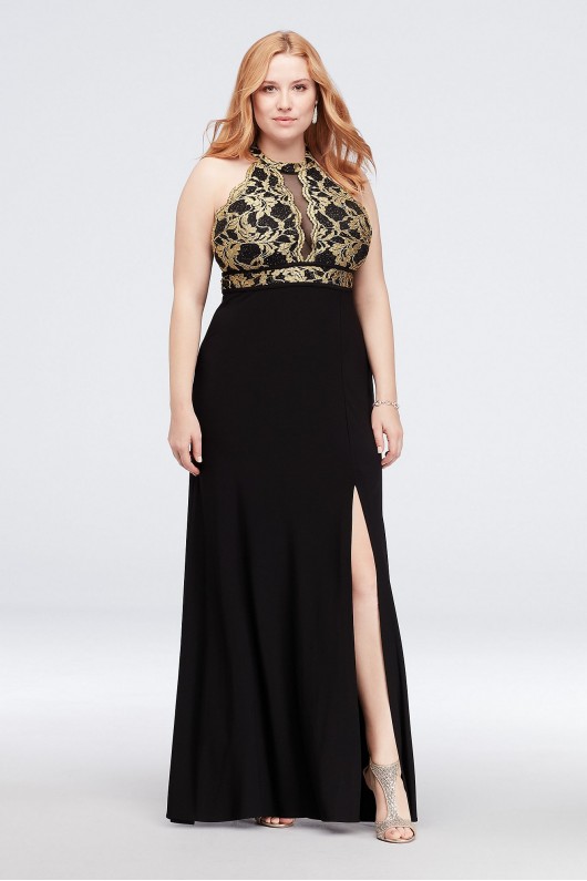 Scalloped Lace Halter Plus Size Dress with Cutout Morgan and Co 12444W