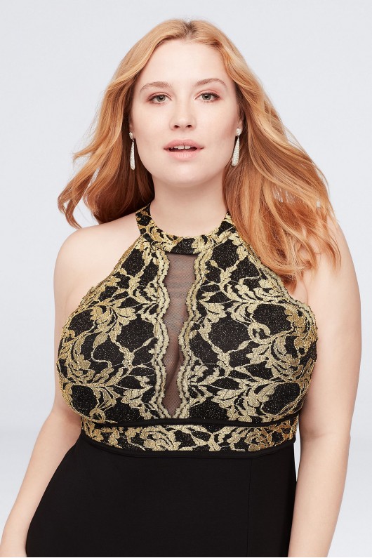 Scalloped Lace Halter Plus Size Dress with Cutout Morgan and Co 12444W