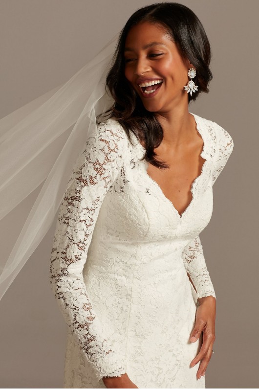 Scalloped Lace Long Sleeve Open Back Wedding Dress  Collection WG3987