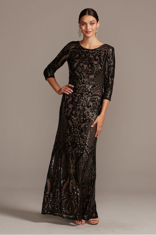 Sequin Brocade Embellished 3/4 Sleeve Dress Alex Evenings 8196609