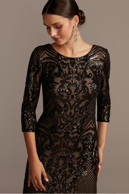 Sequin Brocade Embellished 3/4 Sleeve Dress Alex Evenings 8196609